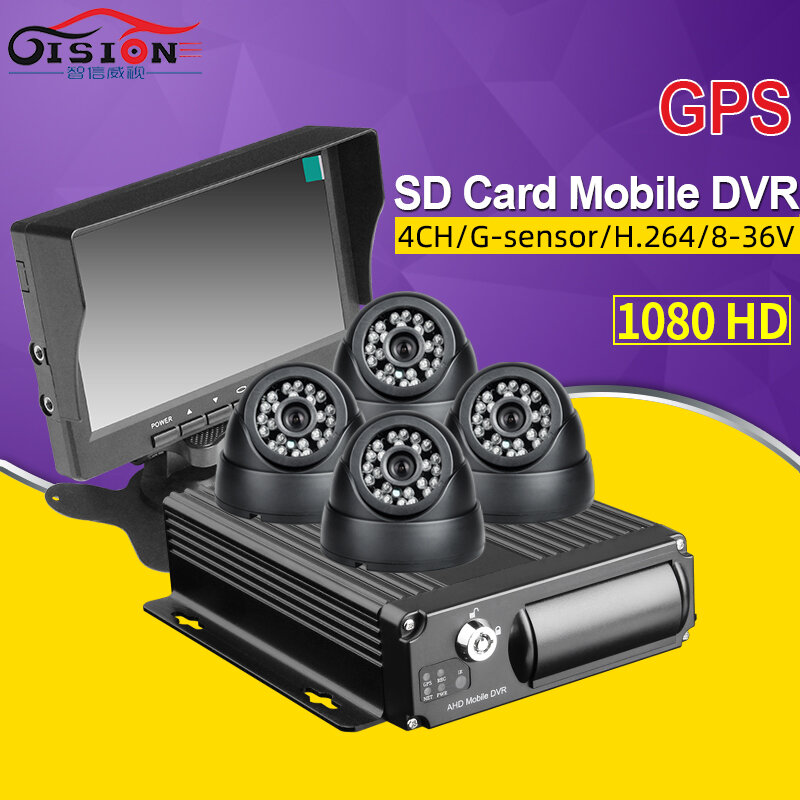 4CH AHD GPS Video/Audio Mobile DVR + 4 Pcs Dalam Dom Plastik AHD Camera + HD 7 Inci VGA Monitor Mobil 1080P Mdvr Kit untuk Kendaraan