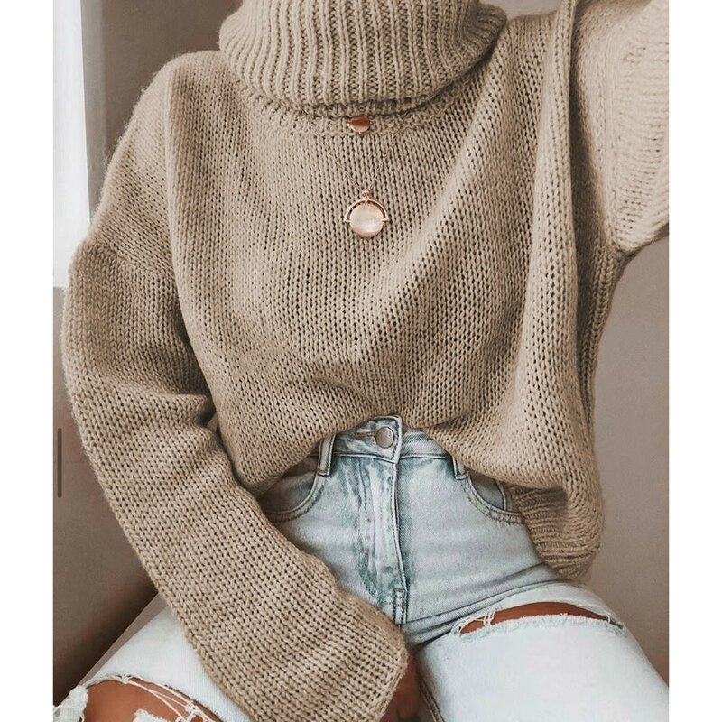 Moda cor sólida manga comprida camisola de malha outono inverno gola alta botões manguito feminino camisola pulôver roupas das senhoras #30