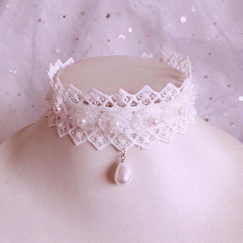 Collier de perles en dentelle princesse Lolita, ras du cou, chaîne de clavicule