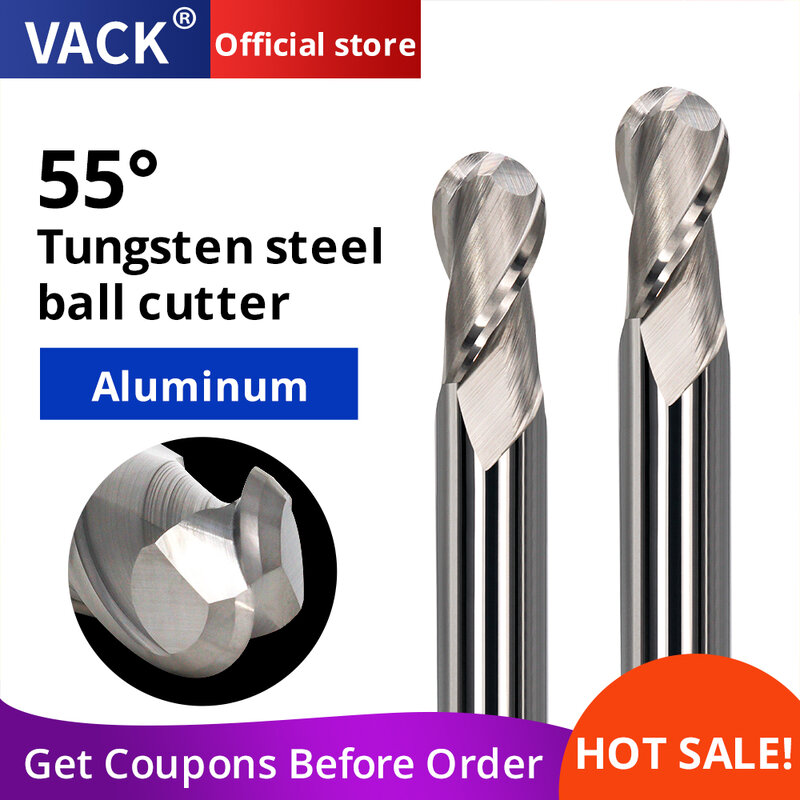VACK-Fresa de extremo de punta de bola HRC55, fresa de aluminio, carburo, 2 flautas, broca de enrutador de acero de tungsteno, herramientas de corte Cnc R0.5 R1 R2