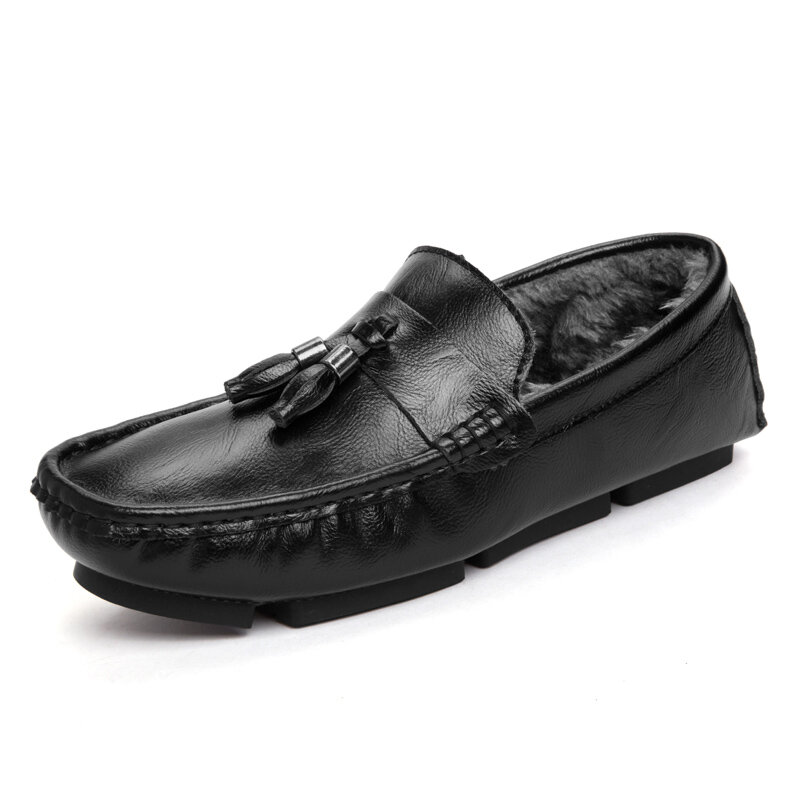 Fur Tassel Loafers Men Casual Shoes Winter Luxury Designer Leather Male Moccasins For Men Driving Boat Shoes Slip On Flats Plush