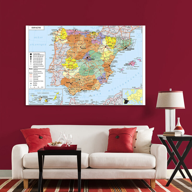 Pintura de lona não tecida para decoração de casa, Espanha, Mapa de transporte em francês, Wall Art Poster, material escolar, 150x100cm