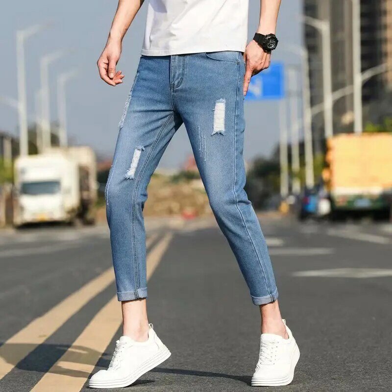 Wiosna jesień 2022 męska złamana dziura styl Hong Kong modne dżinsy koreańskie stopy spodnie do kostek lato nowe spodnie na co dzień