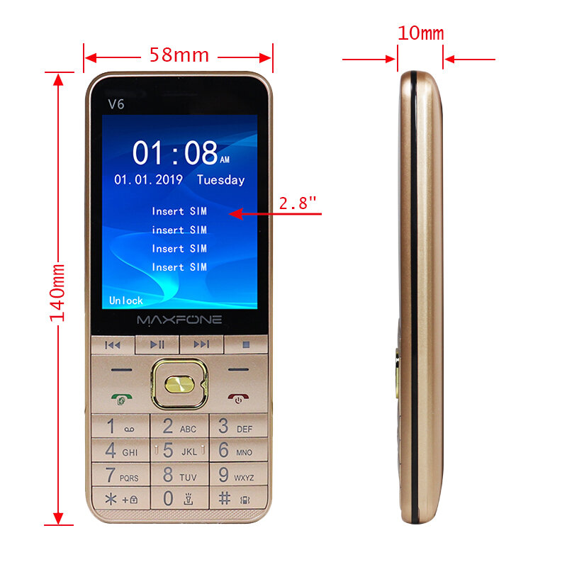 GSM 2.8 "شاشة أربعة سيم لوحة المفاتيح الروسية رخيصة الهاتف المحمول كبير الشعلة MP3 كاميرا فيديو لاعب مسجل الهواتف الخلوية الأصلية