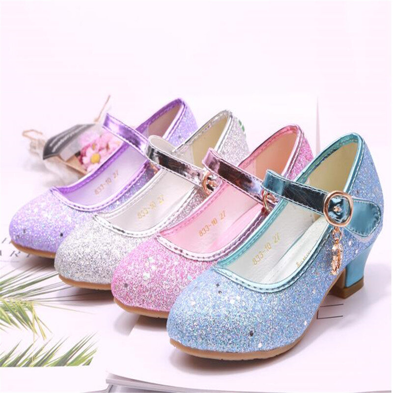 High Quality Princess Kids Leather Shoes For Girls Flower Casual Glitter Children High Heel Girls Shoes Butterfly Knot Blue Pink