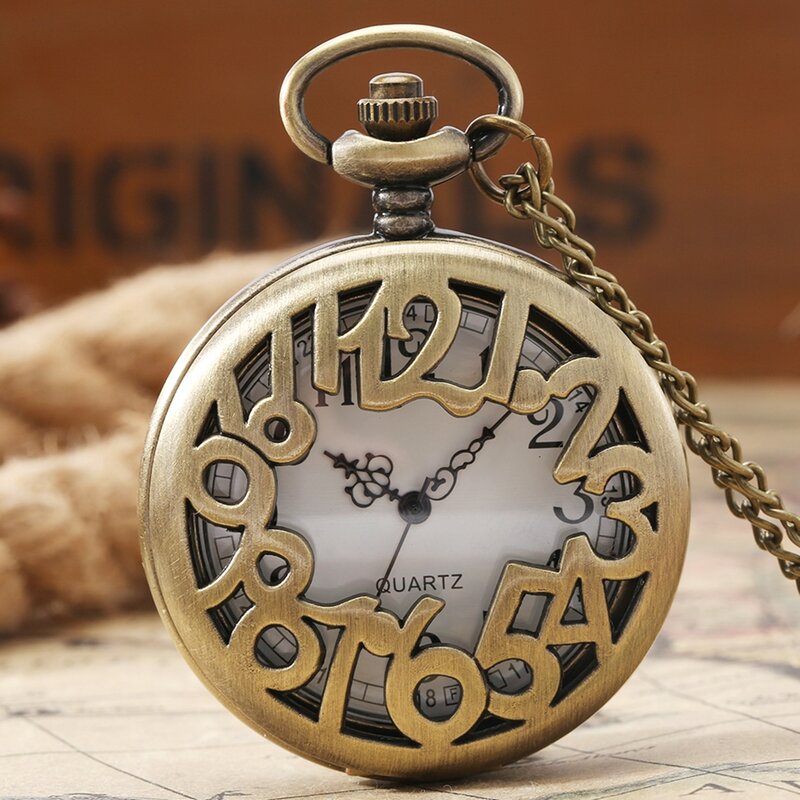 Collana di Design creativo ciondolo digitale vuoto bianco retrò bronzo numeri arabi irregolari orologio da tasca al quarzo catena dell'orologio FOB