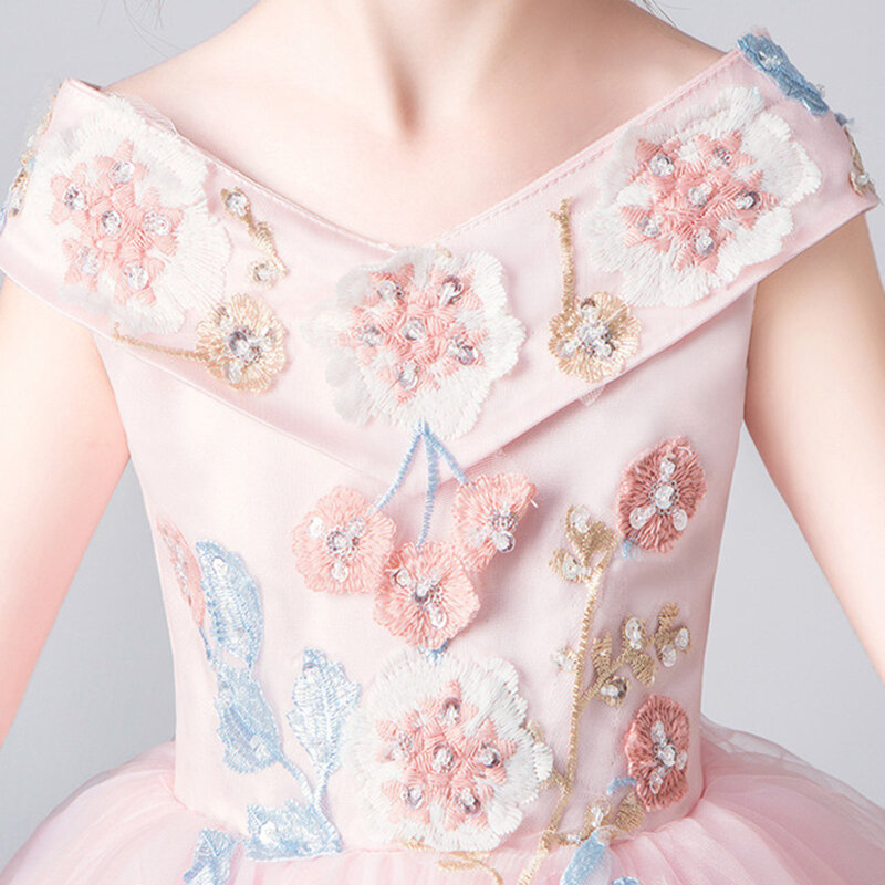 ピンクの女の子のプリンセスドレス,地面の長さのスカート,花柄,結婚式のロングスカート,ビューティペナント