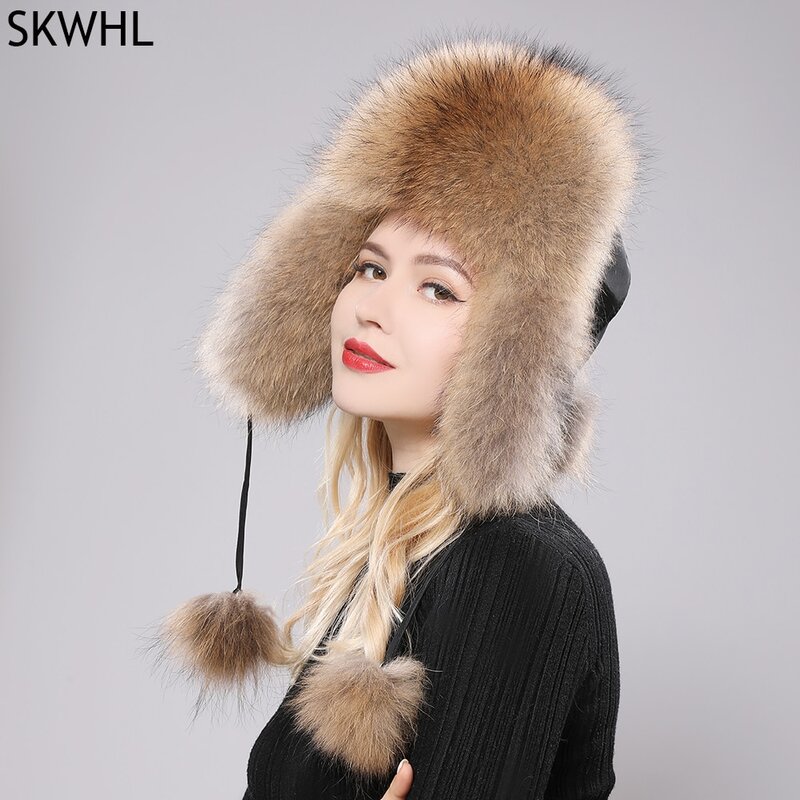 2024 New 100% Real Fox Fur Hats Women Russian Ushanka Aviator Trapper Snow Skiing Hat Caps Earflap Winter Raccoon Fur Bomber Hat