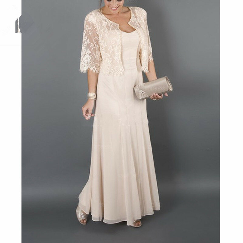 2021 Plus size Elegant Champagne Mother of the Bride Dresses With Jacket Lace Chiffon For Weddings Evening Party Gowns Vestidos