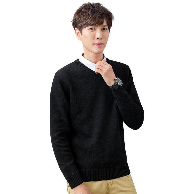 Suéter masculino com capuz, gola em v para outono e inverno, novo estudante, manga comprida, de algodão coreano