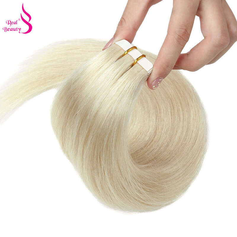 REAL BEAUTY-Extension de Cheveux Humains Lisses, Ruban Adhésif, Sans Couture, Invisible, Brésilien, Remy, Document de Balayage Blond, 20 Pièces