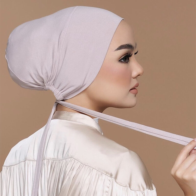 ฮิญาบแบบสวมใต้ผ้าพันคอสำหรับมุสลิมผ้าเจอร์ซีย์ยืดได้ผ้าพันหัวหมวกคลุมด้านล่างผ้าโพกศีรษะผ้าคอตตอน