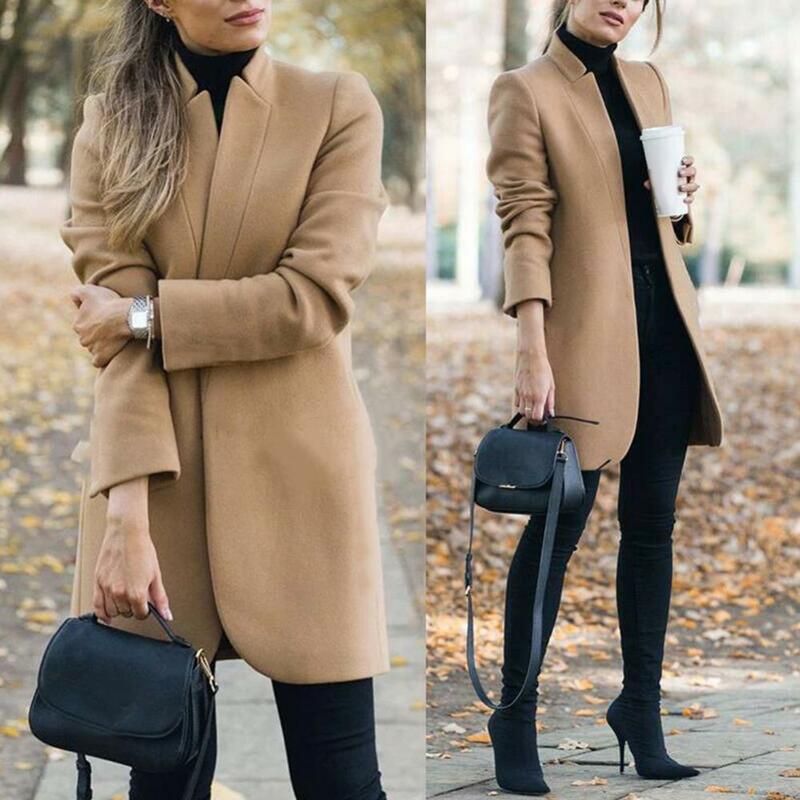 Dropshipping Office Lady Autumn Solid Color Stand Collar Woolen Long Coat Plus Size Cardigan