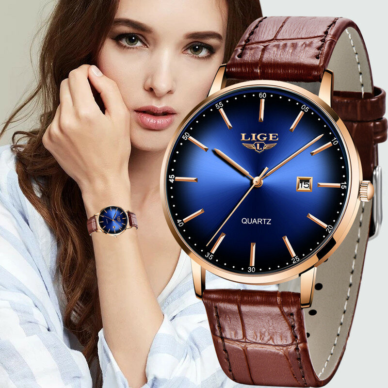 LIGE Womens Sport Watches Top Brand Fashion Casual Luxury Brown Leather Waterproof Wristwatch for Lady Quartz Wristwatch+Box