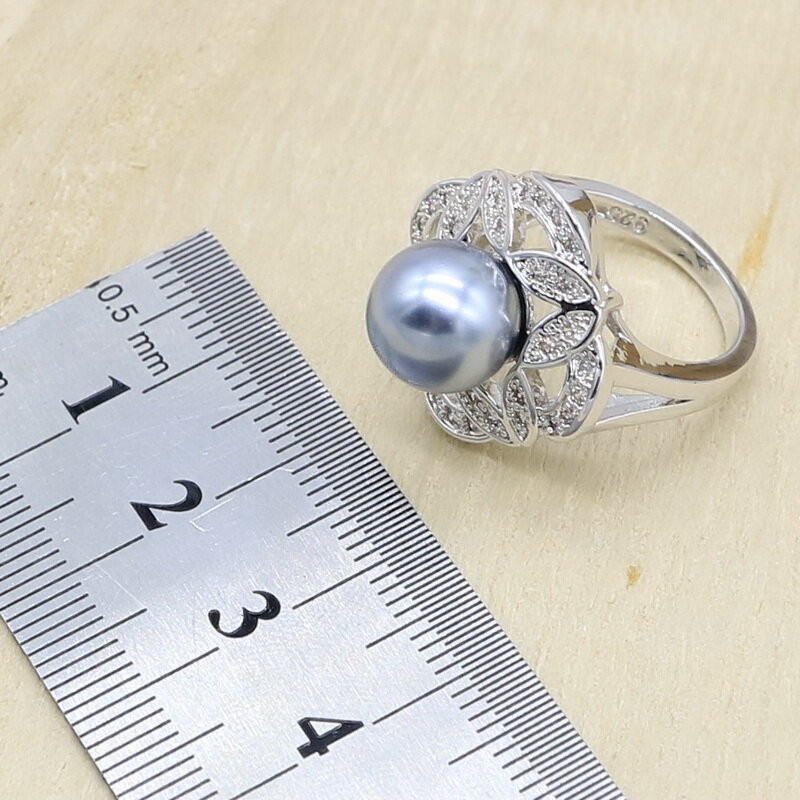Grijs Parel Zilveren Kleur Bruiloft Sieraden Set Voor Vrouwen Oorbel Ketting Hanger Ring Verjaardagscadeau