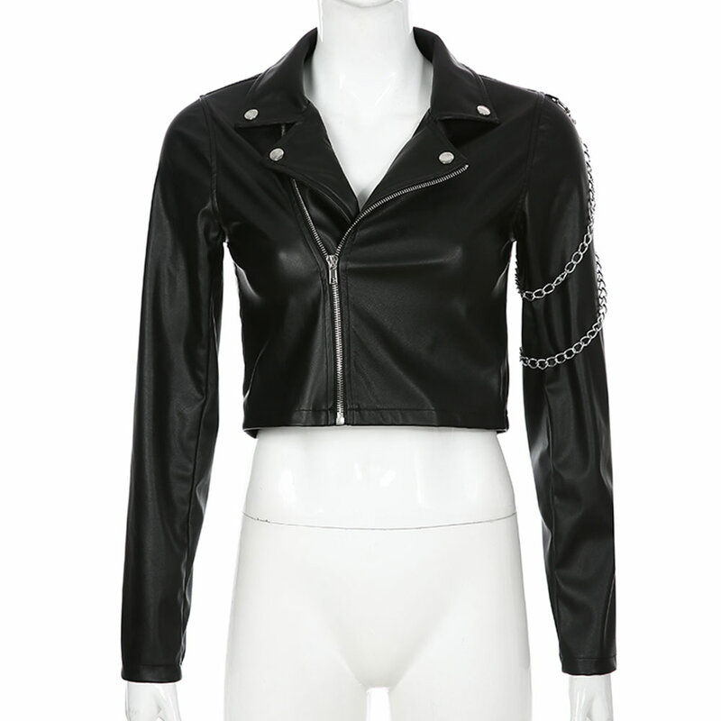 ฤดูใบไม้ร่วงVintage Moto Bikerซิปเสื้อผู้หญิงสีดำPU LeatherJackets Elegant Outwear Fauxหนังเสื้อโค้ทCasual Crop Coat