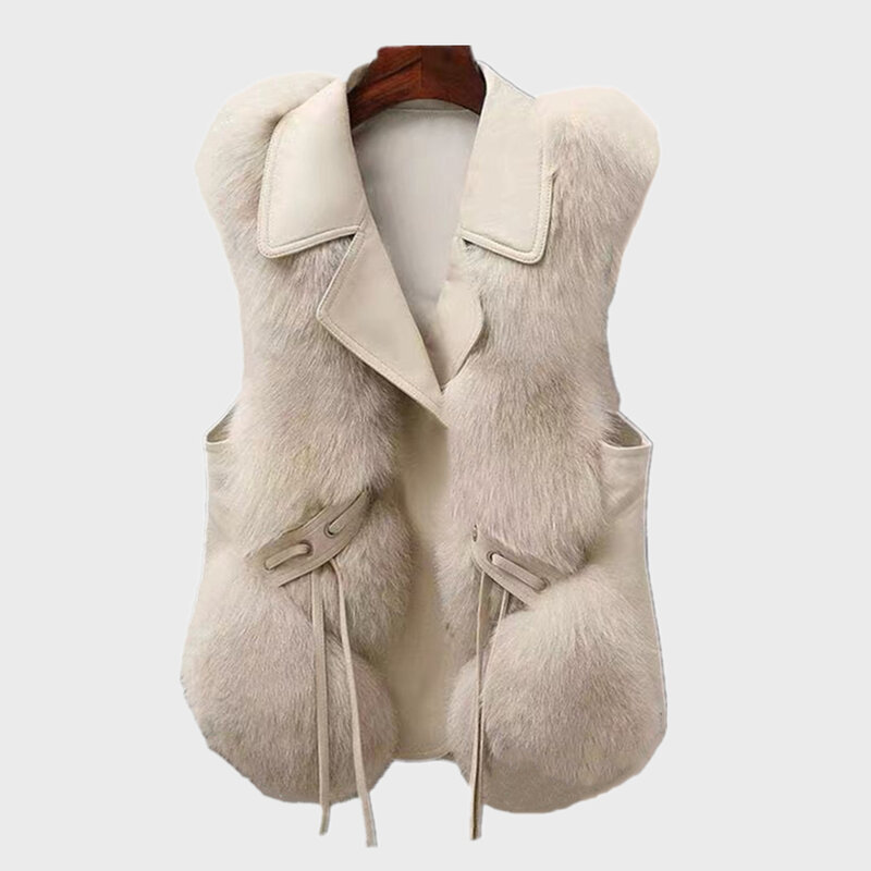 Chaleco corto de piel sintética para mujer, chaqueta cálida sin mangas, de lujo, de zorro de imitación, para invierno