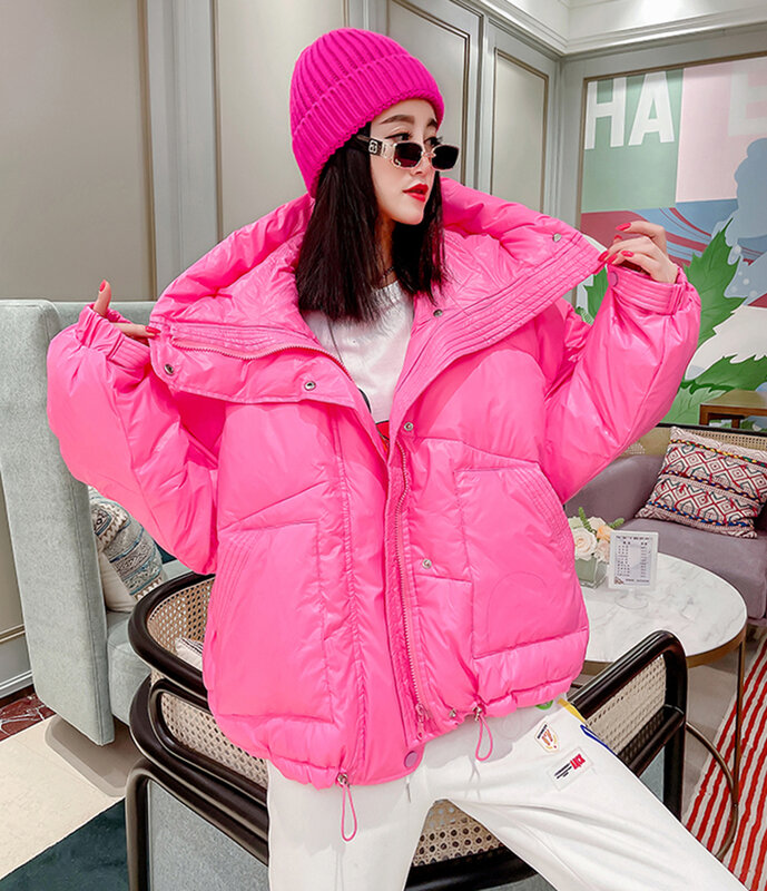 2023 modna zimowa kurtka szeroka damska w cukierkowym kolorze casualowa pikowana kurtka z wieloma kieszeniami dla kobiet błyszcząca duża parki z kapturem