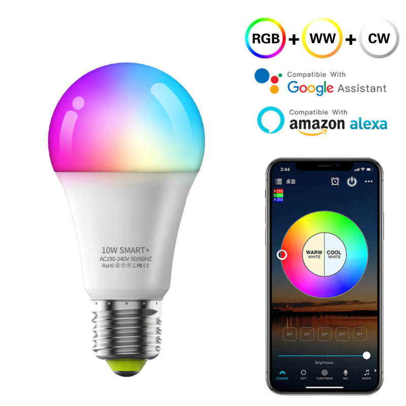 스마트 전구 E27 와이파이 + 블루투스 음성 제어 RGB CCT 밝기 조절 타이머 조명 원격 제어 램프 Alexa 구글 홈, Alexa Google home과 작동