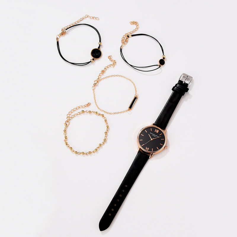Relógio conjunto feminino 5 pçs mulher quartzo relógio de pulso de couro senhoras pulseira relógio de luxo casual relogio femenino presente para namorada