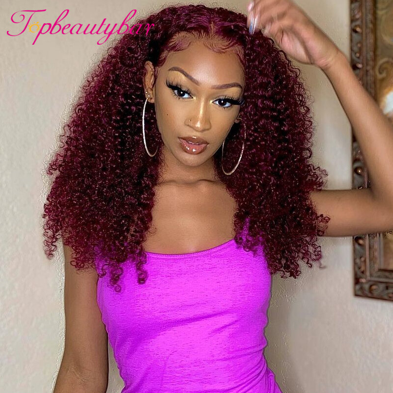 99j Burgundy Curly Human Hair Wig 13X4 13X6 Lace Front Wigs 200 Density #99j Brazilian Remy Human Hair 4X4 Lace Closure Wigs