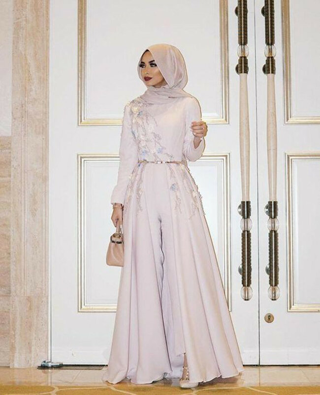 아이보리 긴팔 무슬림 이브닝 드레스, 2020 자수 로브, 이슬람 두바이 히잡 이브닝 가운, 바지 정장, 무도회 드레스