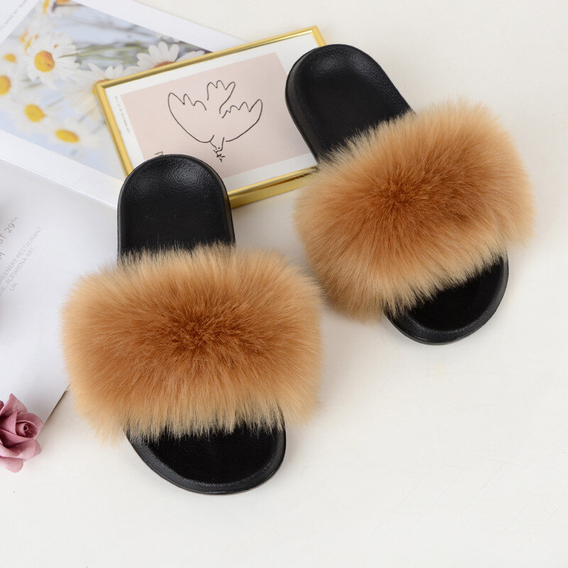 Cross-Border Hot Sale Fur Slippers Female Imitated Fox Fur Women Sandals Imitation Raccoon Fur Beach Shoes Flip Flops