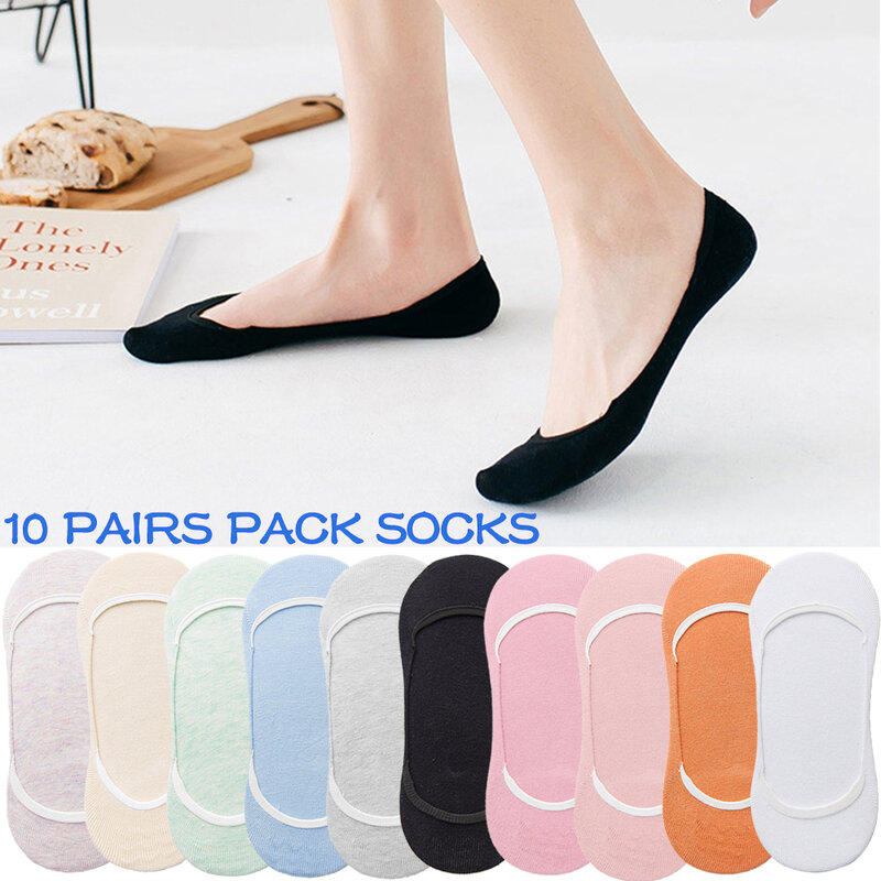 Conjunto de calcetines tobilleros invisibles para mujer, calcetín antideslizante de algodón, zapatillas de colores sólidos, paquete de 10 pares