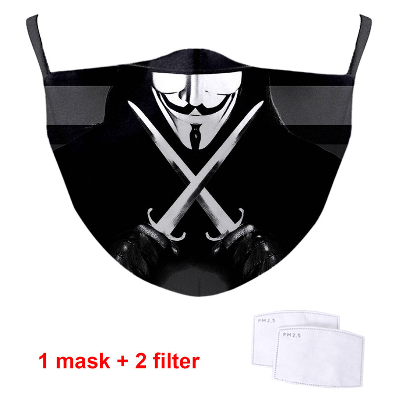 V para vendetta impressão pm2.5 filtro capa boca abafos lavável de alta qualidade anti poeira 3d metade máscaras faciais para o homem feminino