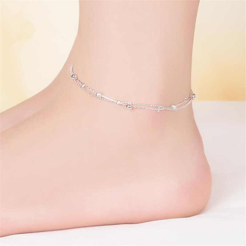 KOFSAC Trendy Simple Double Layer Ankles Chain Bracelet Barefoot Sandal Beach Jewelry 925 Sterling Silver Anklets For Women Gift