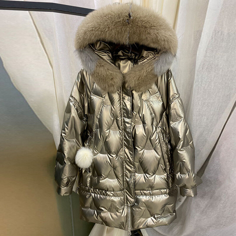 Большая блестящая куртка с капюшоном из натурального Лисьего меха, новинка 2023, пальто на 90% утином пуху, женское длинное Золотое Женское зимнее пуховое пальто, водонепроницаемые парки