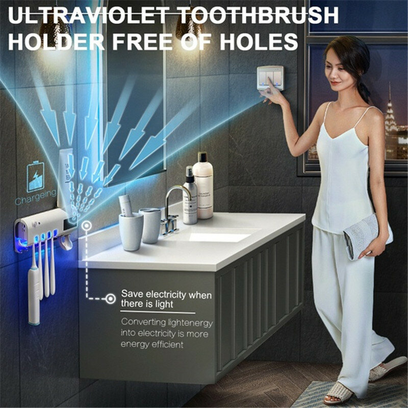 Esterilizador de cepillo de dientes con luz UV 2020, soporte para perforación, inhibe las bacterias, caja antibacterias, dispensador automático de pasta dental