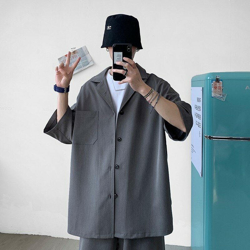Sommer 2 Stück Set Männer Anzug Jacke und Shorts übergroße saubere Passform männliche Kleidung koreanischen Stil lässig lose kurze Hemd Outfits Mann