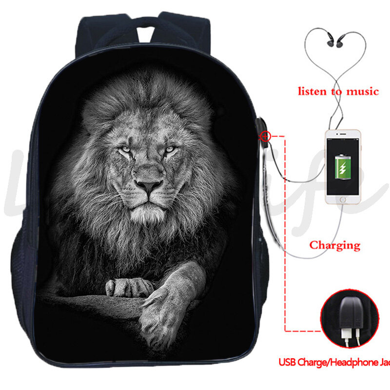 Mochila con diseño de león, elefante, ciervo, cebra y caballo para niños y niñas, morral con carga USB, mochilas escolares con impresión 3D personalizada