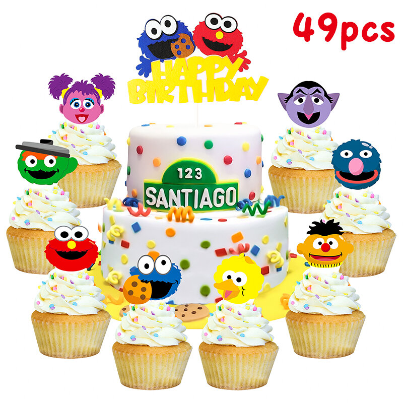 49Pcs Sesame Inspired Cake & Cupcake Toppers Kits Happy Birthday Sesame Cake Toppers Theme Party Supplies Cake Decor for Kids