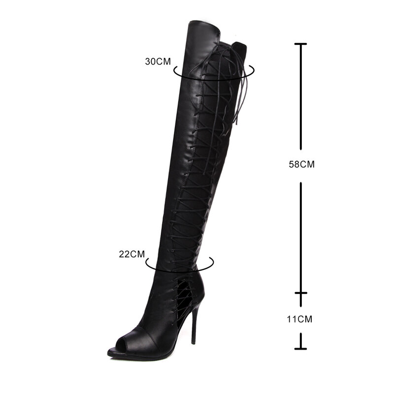 Sexy women knee high boots hollow out summer bootsribbon lace up thigh high boot out strappy gladiator heels Spring stilettos