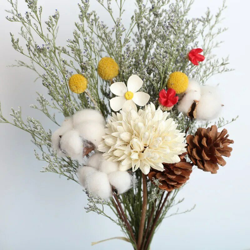 말린 꽃 진짜 장미의 꽃다발 코튼 유칼립투스 데이지 스칸디나비아 바람 작은 신선한 거실 홈 장식 장식품