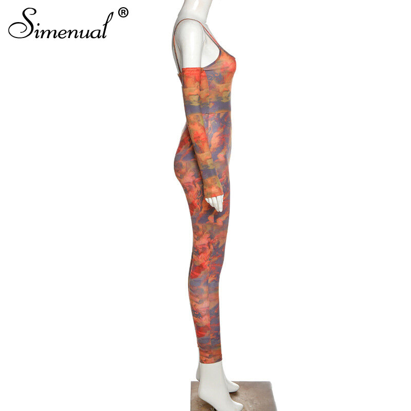 Simenual Sexy cravate colorant imprimer épaules dénudées femmes combinaisons une pièce à manches longues mode automne 2020 Clubwear moulante combinaison chaude