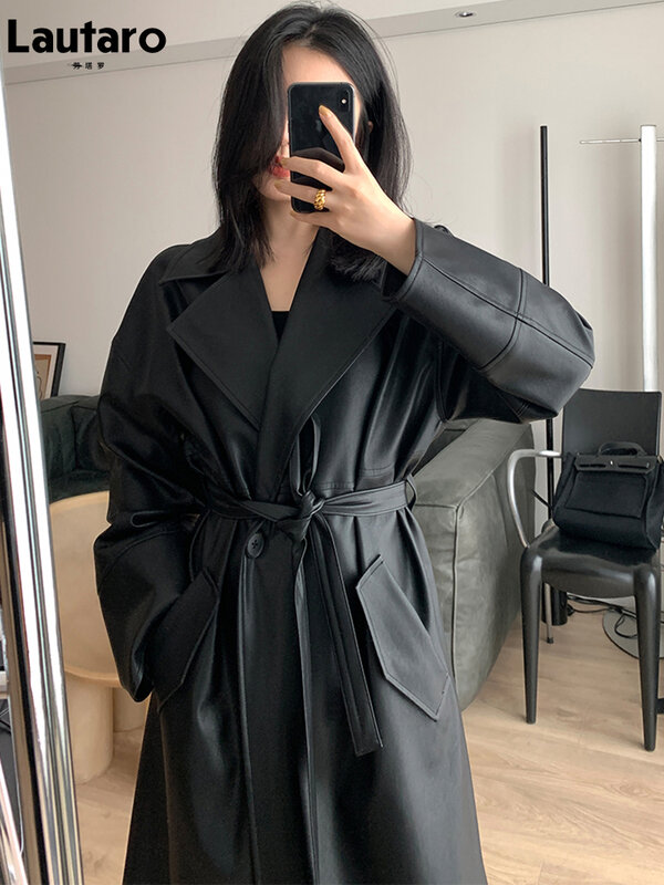 Lautaro-gabardina larga de cuero negro para mujer, abrigo holgado de gran tamaño con un solo botón, a la moda coreana, primavera y otoño, 2021