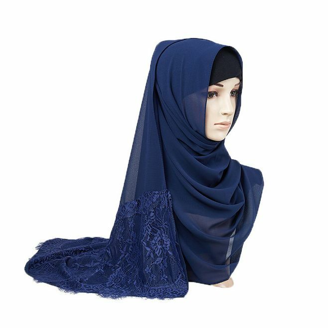 高品質シフォンスカーフエレガントなレースの装飾イスラム教徒ヒジャーブターバン無地イスラム女性ロングショールヘッドスカーフ