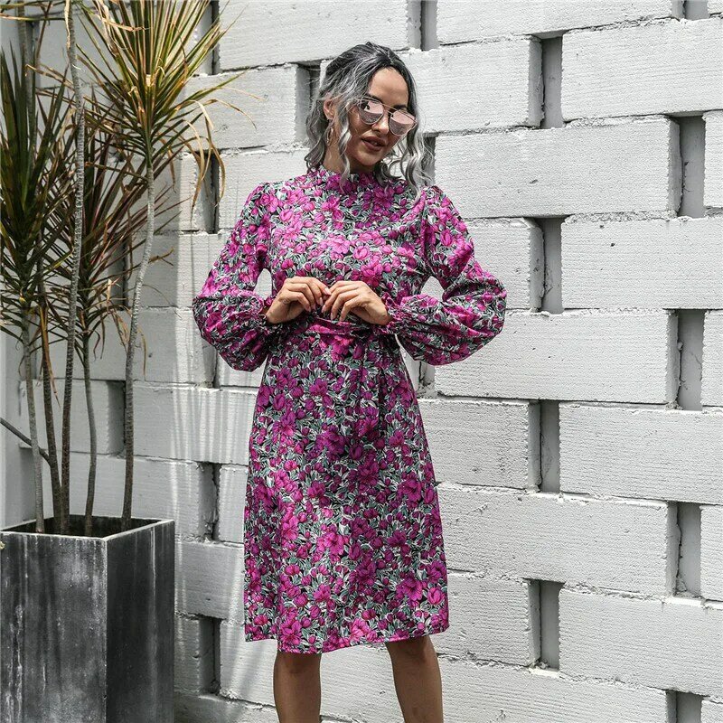 Casual Vintage Women Print 2022 Fashion O-neck Lantern Sleeves Midi Dress