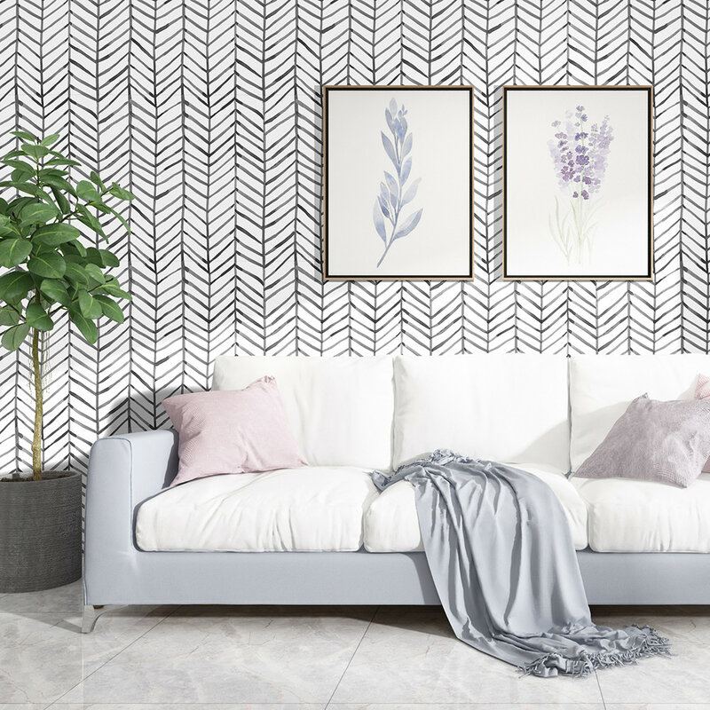 Modern Stripe Peel dan Stick Wallpaper Herringbone Hitam Putih Vinyl Diri Perekat Kertas Kontak untuk Kamar Tidur Dekorasi Rumah