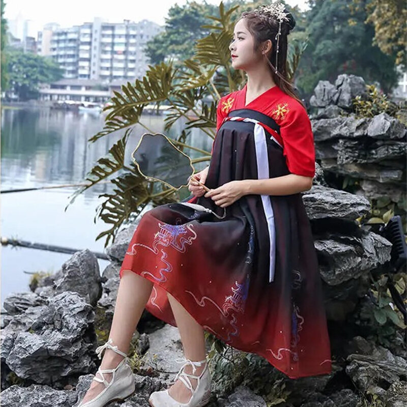 여성용 중국 전통 한푸 의상, 반팔, 동양 공주, 우아한 스커트, 상의 세트, 사진 파티웨어