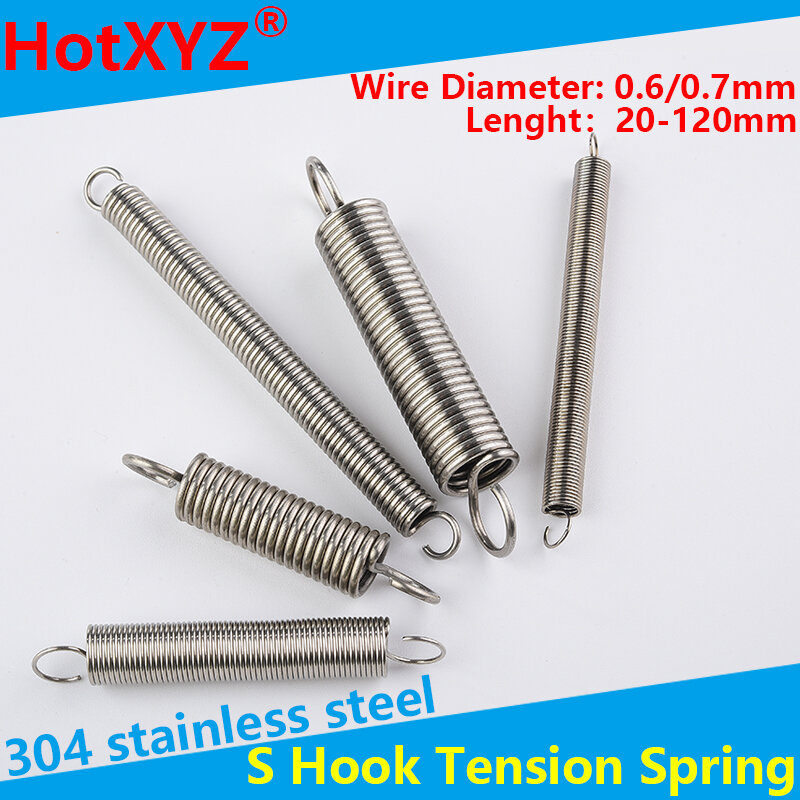 Ressort hélicoïdal cylindrique en acier inoxydable 304, crochet S, Extension de traction, Tension, diamètre du fil 0.6mm, 0.7mm