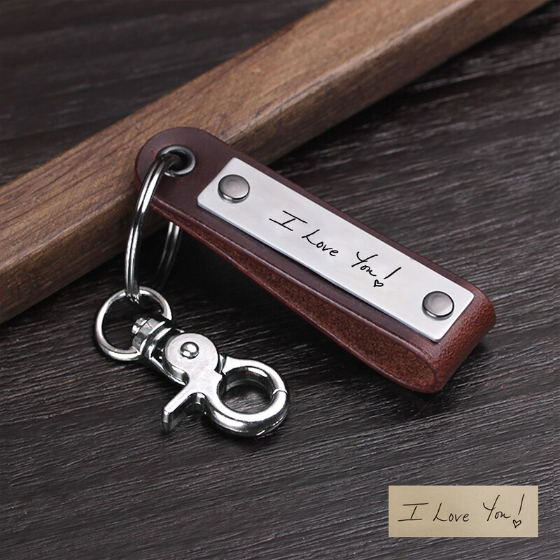 Personalized Leather Keychain - Handwriting Keyring -  Custom Mens  Gifts