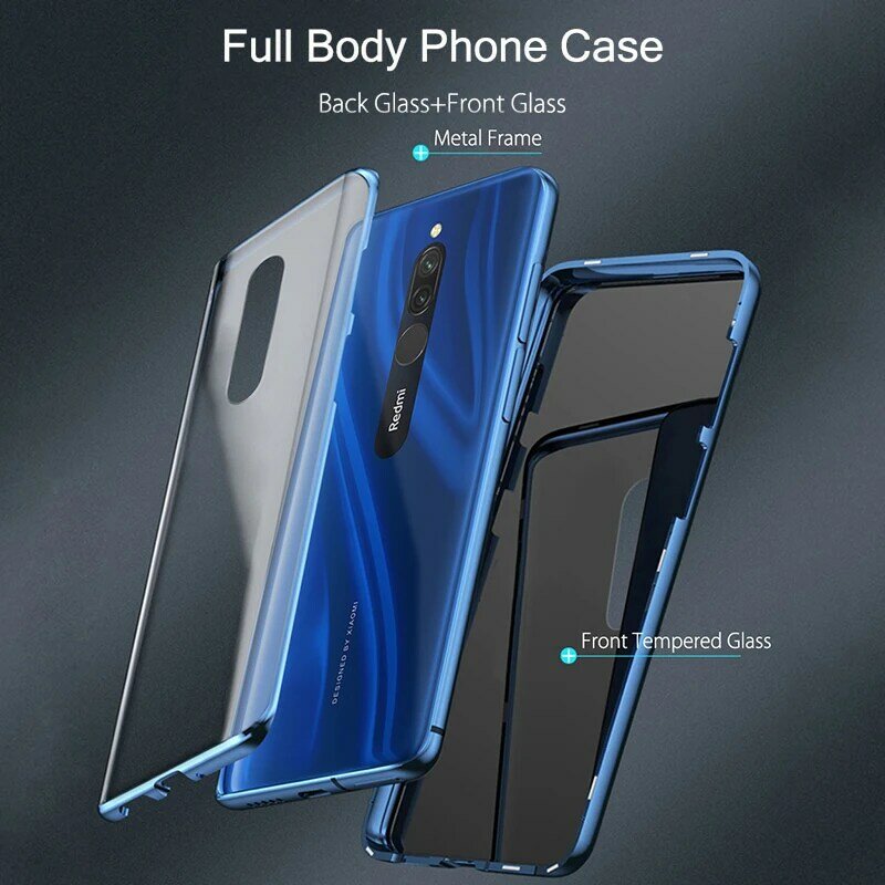 Natrberg 360 Full Case for Xiaomi Redmi 8 Case Magnetic Metal Dual Tempered Glass Back Hard Cover On For Redmi 8A 8 A Pro Case