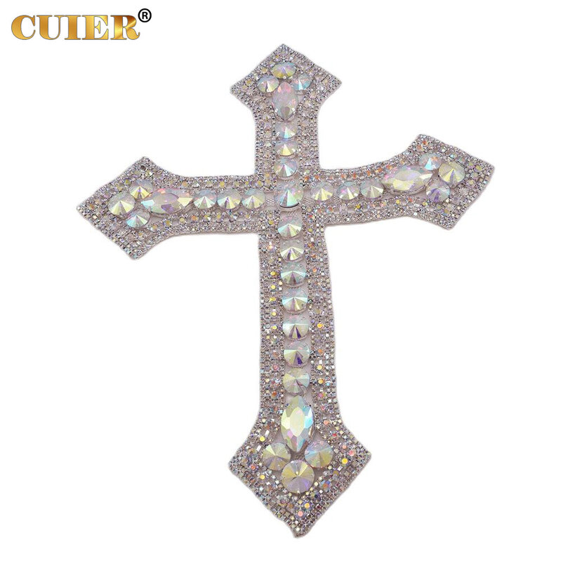 CUIER 12.5" Huge Cross Patches with Rhinestones AB Glass Appliques Crystal Sewing Accessories Glass Gem DIY Sew on Big size