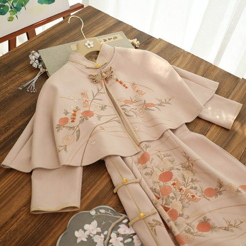 Gaun Tradisional Tiongkok Dua Potong Ramping Elegan Musim Gugur Qipao + Lengan Panjang Hanfu Wanita Set Selendang Pakaian Wanita Cheongsams