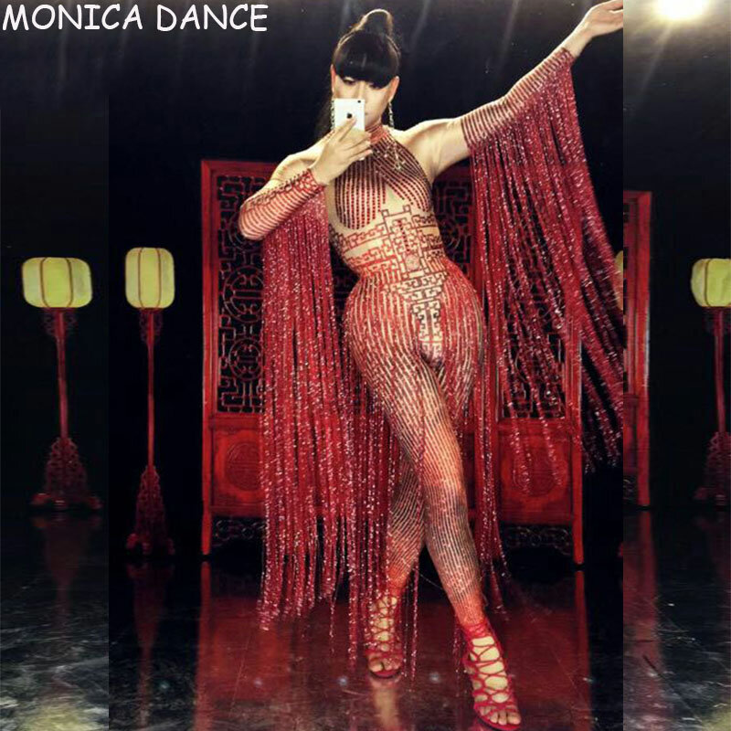 Mono rojo de cristal brillante para mujer, traje Sexy con borla larga de diamantes de imitación, cantante de club nocturno, traje de baile de escenario DS