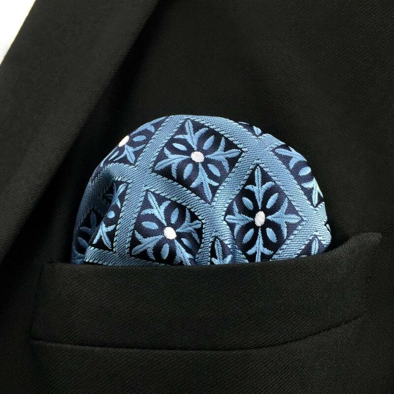 Lenço floral azul Paisley masculino, quadrado de bolso azul, moda Hanky Groom, casamento cinza